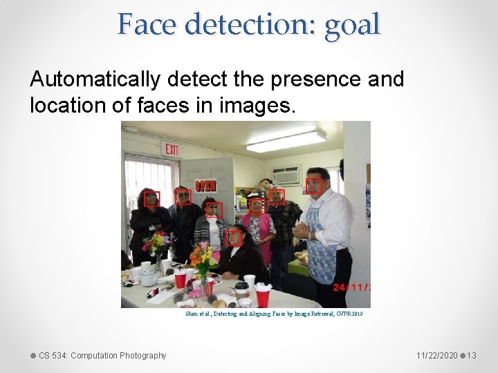 Face detection: goal Automatically detect the presence and location of faces in images. Shen