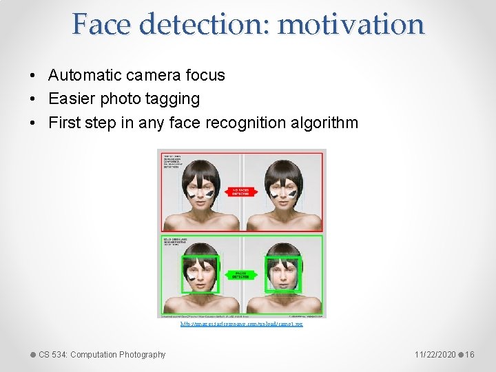 Face detection: motivation • Automatic camera focus • Easier photo tagging • First step