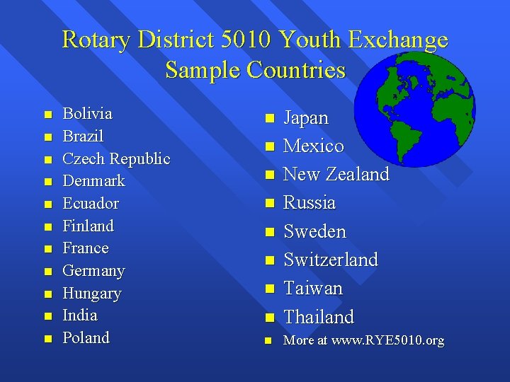 Rotary District 5010 Youth Exchange Sample Countries n n n Bolivia Brazil Czech Republic
