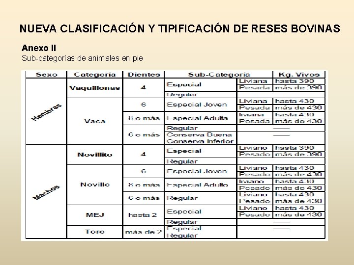 NUEVA CLASIFICACIÓN Y TIPIFICACIÓN DE RESES BOVINAS Anexo II Sub-categorías de animales en pie