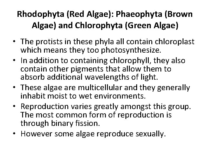 Rhodophyta (Red Algae): Phaeophyta (Brown Algae) and Chlorophyta (Green Algae) • The protists in