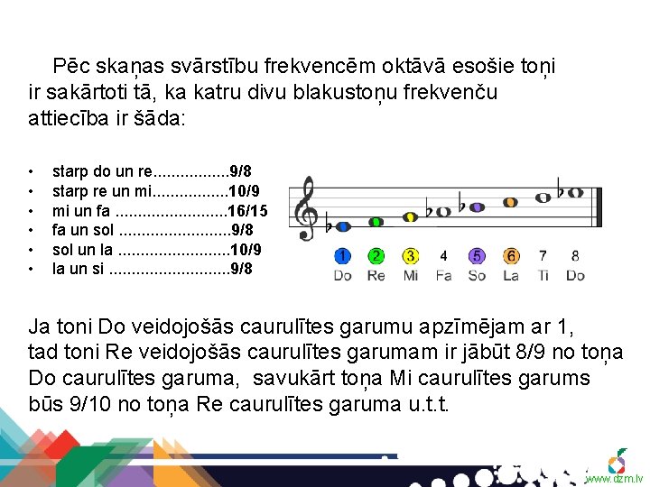 Pēc skaņas svārstību frekvencēm oktāvā esošie toņi ir sakārtoti tā, ka katru divu blakustoņu