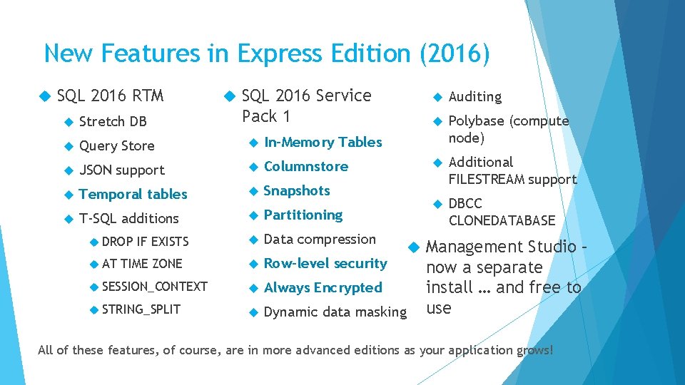 New Features in Express Edition (2016) SQL 2016 RTM SQL 2016 Service Pack 1