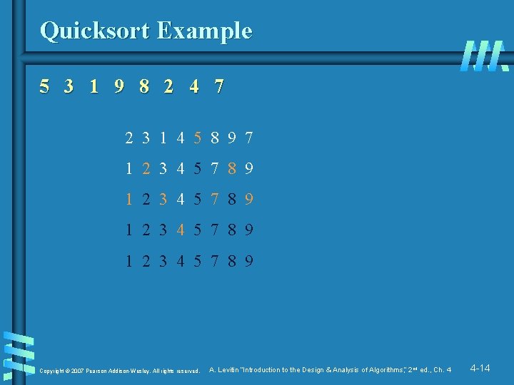 Quicksort Example 5 3 1 9 8 2 4 7 2 3 1 4