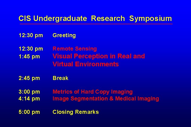 CIS Undergraduate Research Symposium 12: 30 pm Greeting 12: 30 pm 1: 45 pm