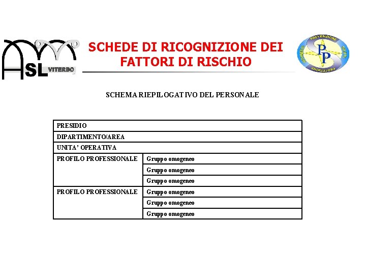 SCHEDE DI RICOGNIZIONE DEI FATTORI DI RISCHIO SCHEMA RIEPILOGATIVO DEL PERSONALE PRESIDIO DIPARTIMENTO/AREA UNITA’