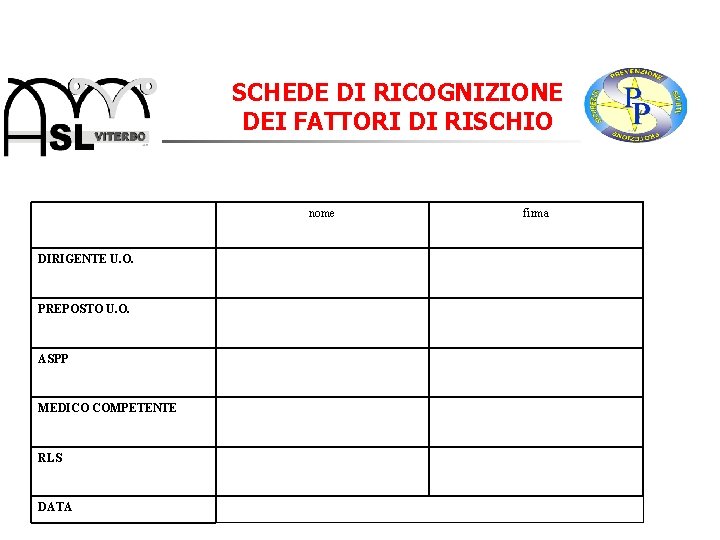 SCHEDE DI RICOGNIZIONE DEI FATTORI DI RISCHIO nome DIRIGENTE U. O. PREPOSTO U. O.