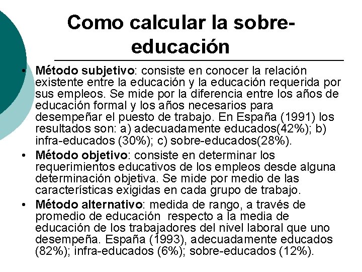 Como calcular la sobreeducación • Método subjetivo: consiste en conocer la relación existente entre