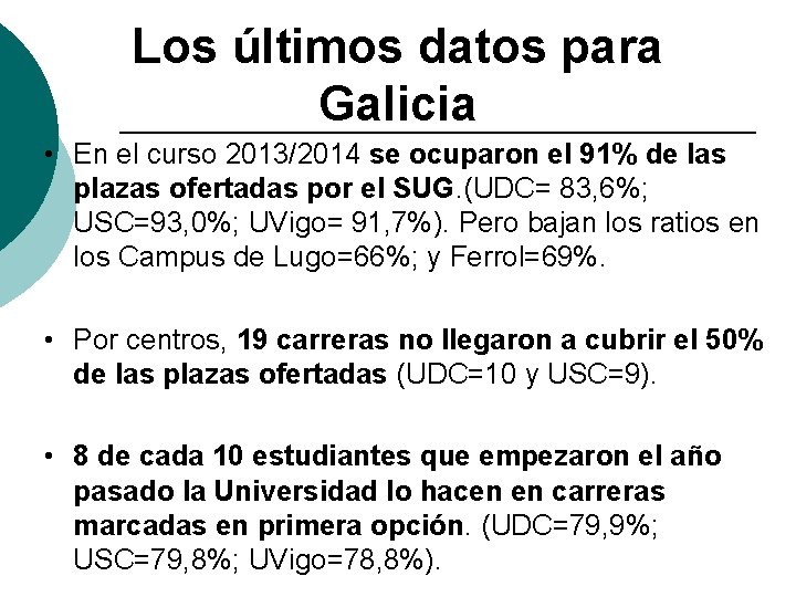 Los últimos datos para Galicia • En el curso 2013/2014 se ocuparon el 91%