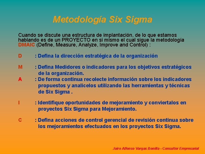 Metodología Six Sigma Cuando se discute una estructura de implantación, de lo que estamos Metodología Six Sigma Cuando se discute una estructura de implantación, de lo que estamos