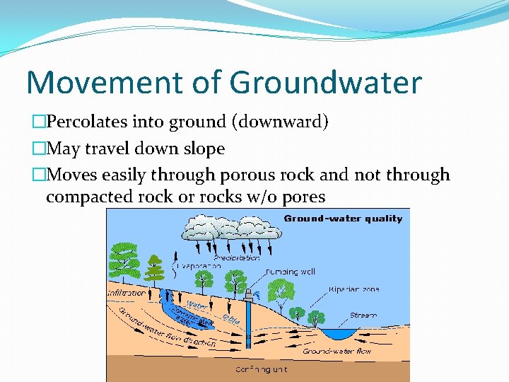 Movement of Groundwater �Percolates into ground (downward) �May travel down slope �Moves easily through