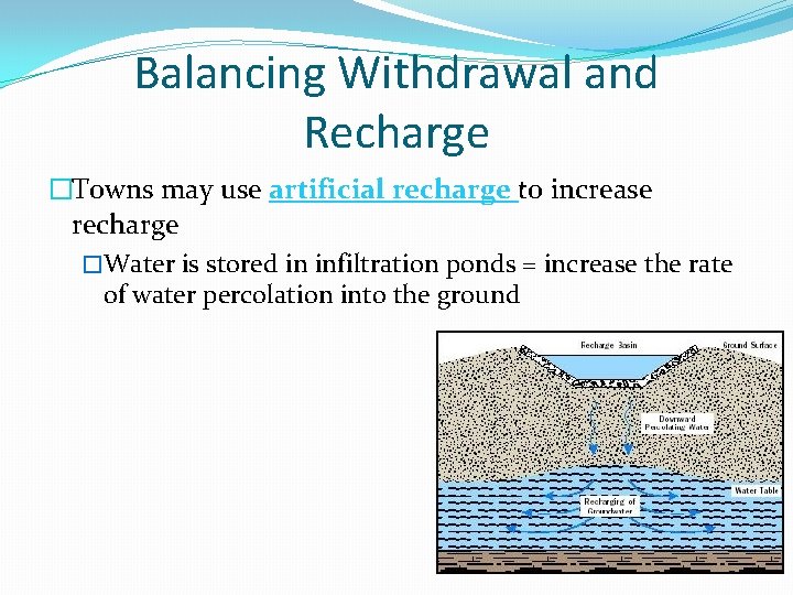 Balancing Withdrawal and Recharge �Towns may use artificial recharge to increase recharge �Water is