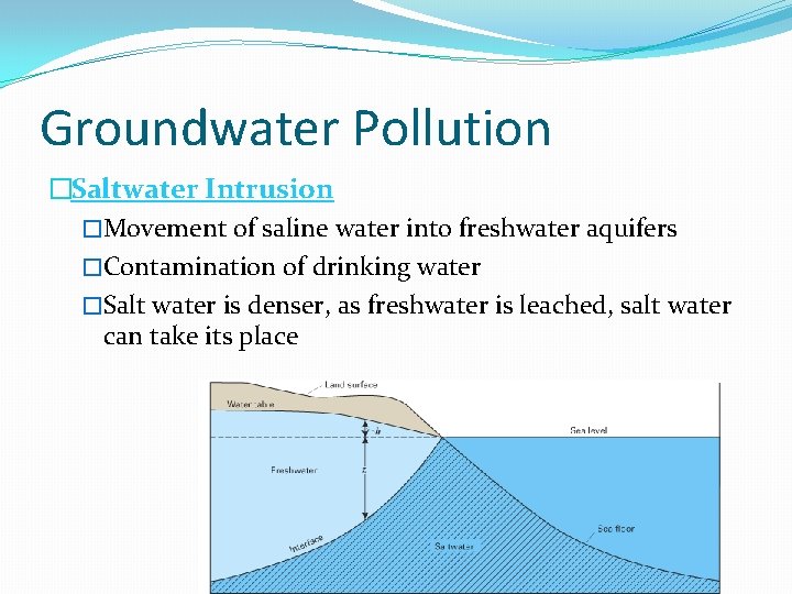 Groundwater Pollution �Saltwater Intrusion �Movement of saline water into freshwater aquifers �Contamination of drinking
