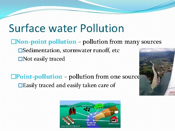 Surface water Pollution �Non-point pollution – pollution from many sources �Sedimentation, stormwater runoff, etc