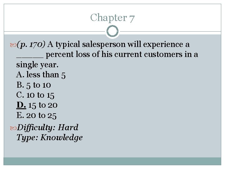 Chapter 7 (p. 170) A typical salesperson will experience a _____ percent loss of