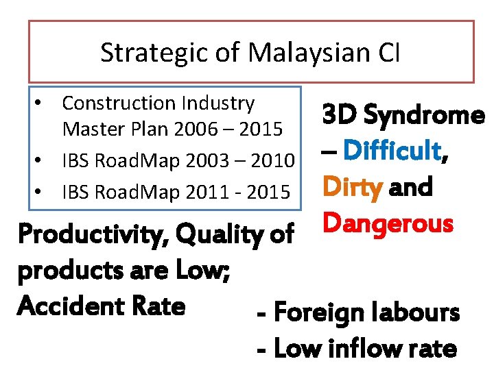 Strategic of Malaysian CI • Construction Industry Master Plan 2006 – 2015 • IBS