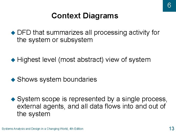 6 Context Diagrams u DFD that summarizes all processing activity for the system or