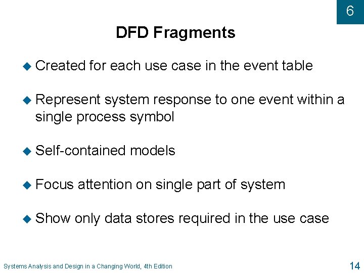 6 DFD Fragments u Created for each use case in the event table u