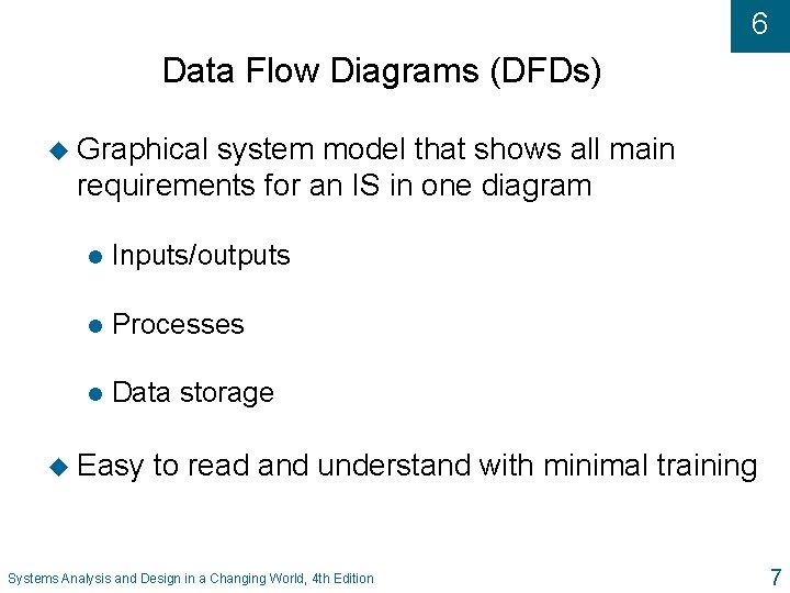 6 Data Flow Diagrams (DFDs) u Graphical system model that shows all main requirements