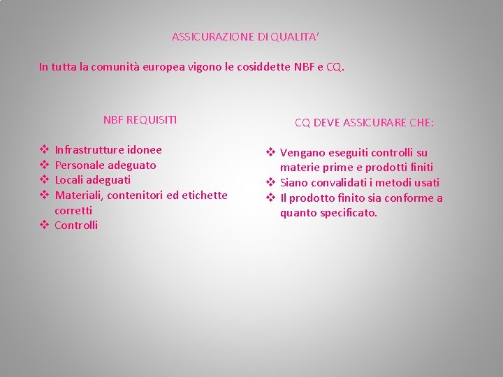 ASSICURAZIONE DI QUALITA’ In tutta la comunità europea vigono le cosiddette NBF e CQ. ASSICURAZIONE DI QUALITA’ In tutta la comunità europea vigono le cosiddette NBF e CQ.