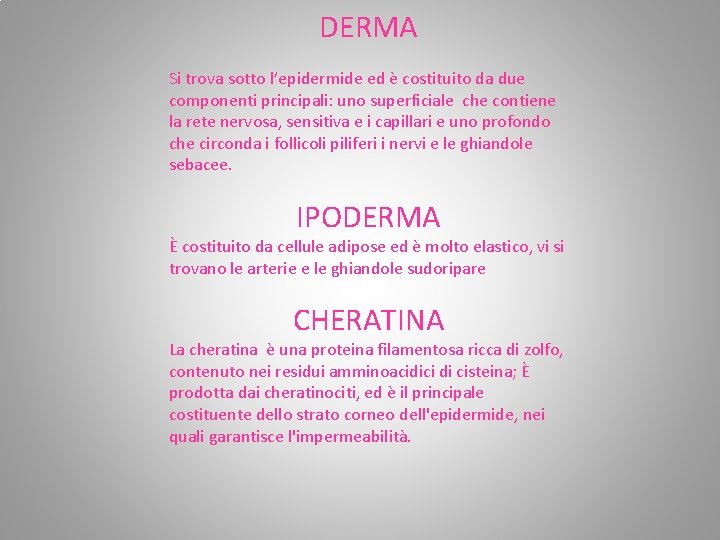 DERMA Si trova sotto l’epidermide ed è costituito da due componenti principali: uno superficiale DERMA Si trova sotto l’epidermide ed è costituito da due componenti principali: uno superficiale