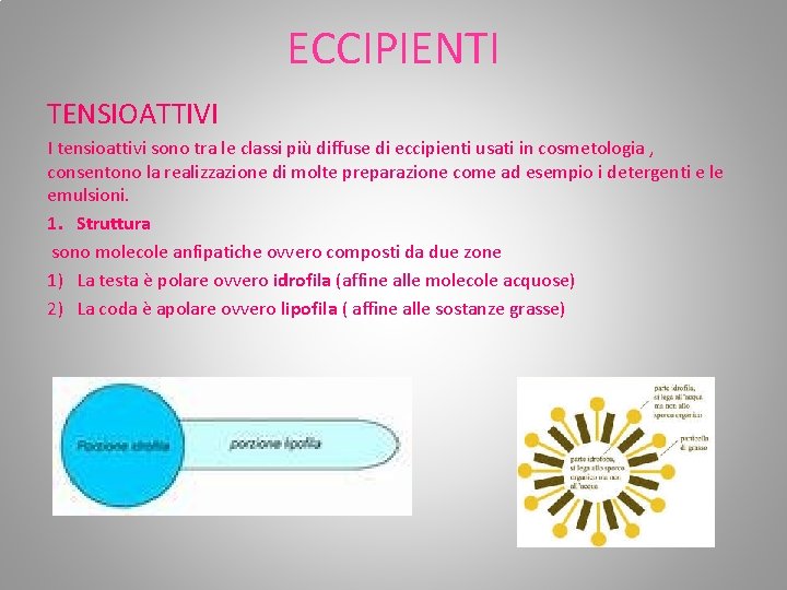 ECCIPIENTI TENSIOATTIVI I tensioattivi sono tra le classi più diffuse di eccipienti usati in ECCIPIENTI TENSIOATTIVI I tensioattivi sono tra le classi più diffuse di eccipienti usati in