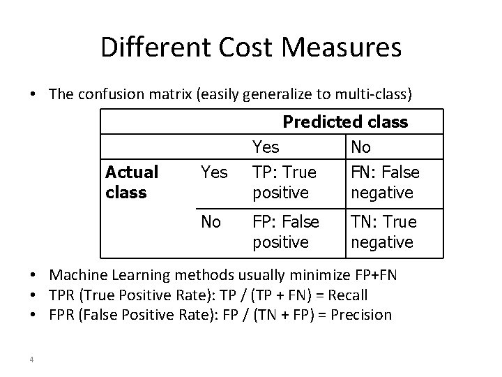 Different Cost Measures • The confusion matrix (easily generalize to multi-class) Actual class Yes