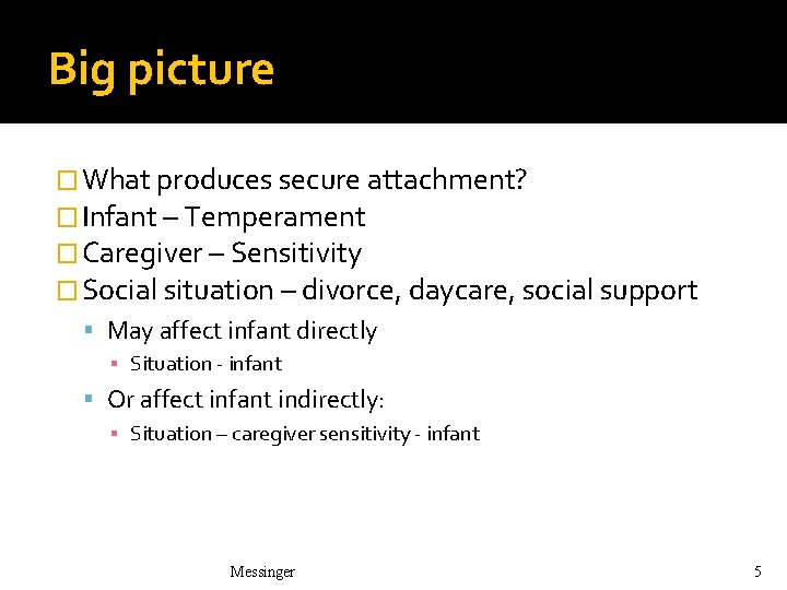 Big picture � What produces secure attachment? � Infant – Temperament � Caregiver – Big picture � What produces secure attachment? � Infant – Temperament � Caregiver –