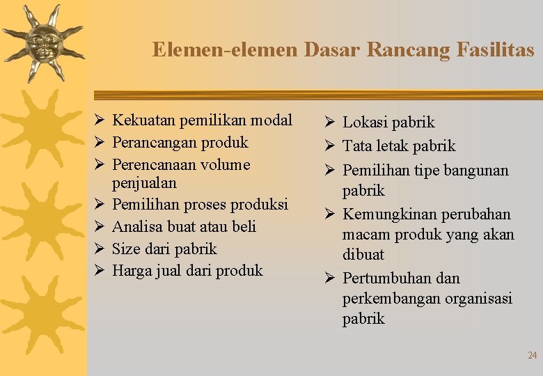 Elemen-elemen Dasar Rancang Fasilitas Ø Kekuatan pemilikan modal Ø Perancangan produk Ø Perencanaan volume