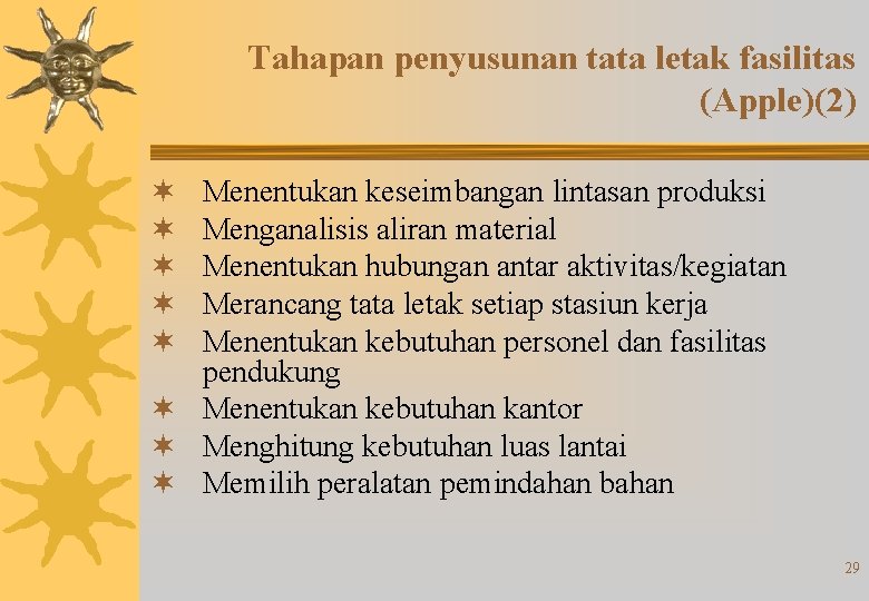 Tahapan penyusunan tata letak fasilitas (Apple)(2) Menentukan keseimbangan lintasan produksi Menganalisis aliran material Menentukan