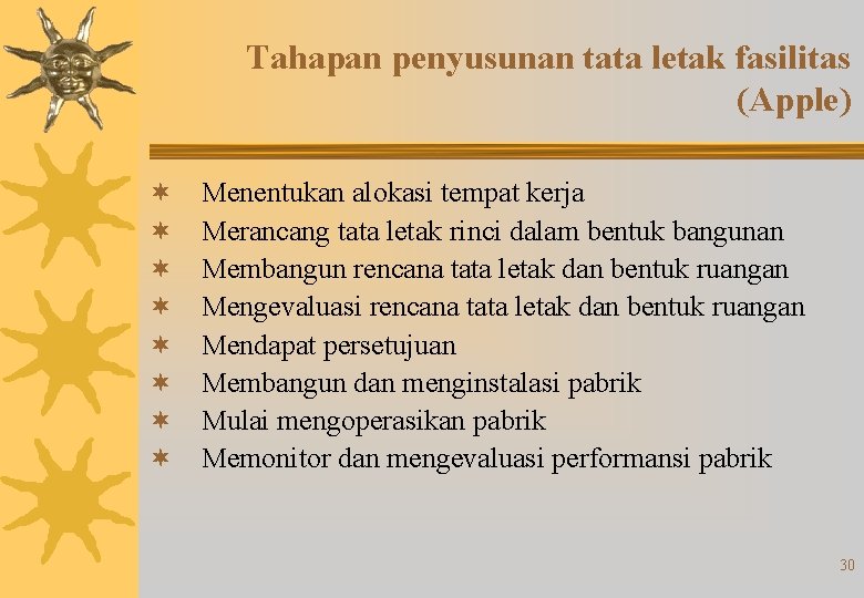 Tahapan penyusunan tata letak fasilitas (Apple) ¬ ¬ ¬ ¬ Menentukan alokasi tempat kerja