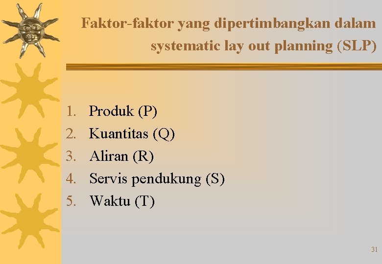 Faktor-faktor yang dipertimbangkan dalam systematic lay out planning (SLP) 1. 2. 3. 4. 5.