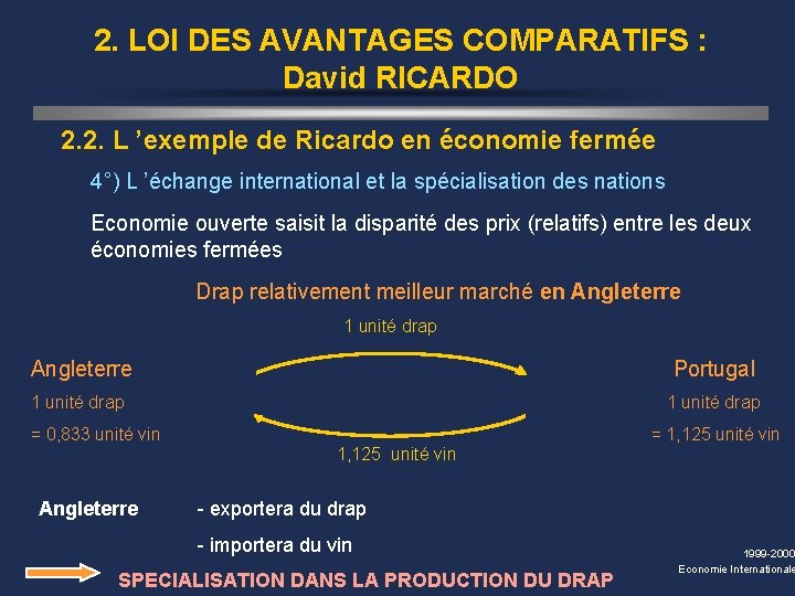 2. LOI DES AVANTAGES COMPARATIFS : David RICARDO 2. 2. L ’exemple de Ricardo