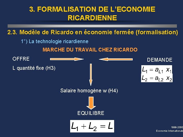 3. FORMALISATION DE L’ECONOMIE RICARDIENNE 2. 3. Modèle de Ricardo en économie fermée (formalisation)