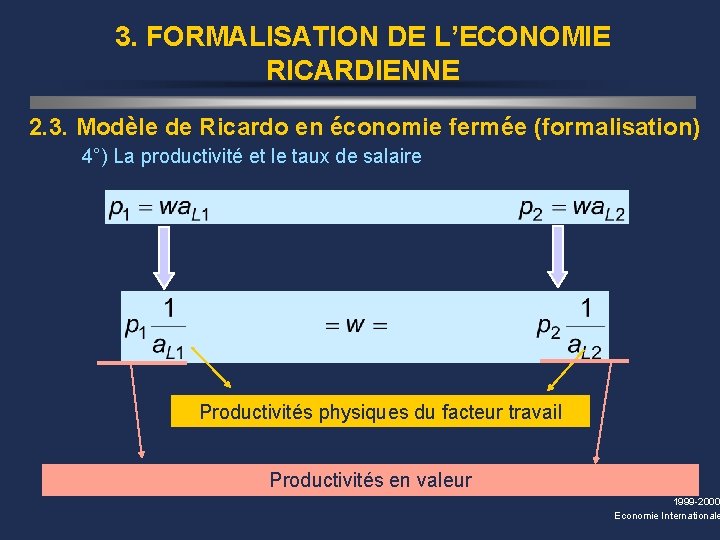 3. FORMALISATION DE L’ECONOMIE RICARDIENNE 2. 3. Modèle de Ricardo en économie fermée (formalisation)