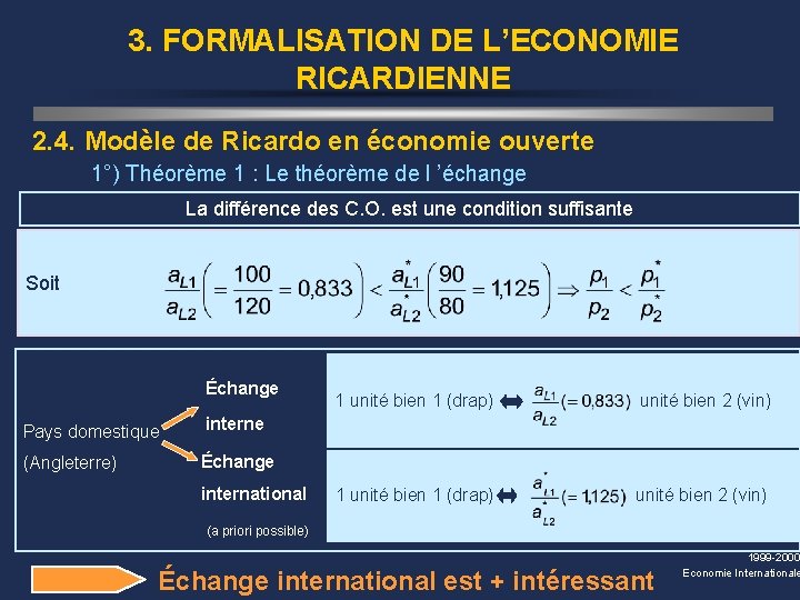 3. FORMALISATION DE L’ECONOMIE RICARDIENNE 2. 4. Modèle de Ricardo en économie ouverte 1°)
