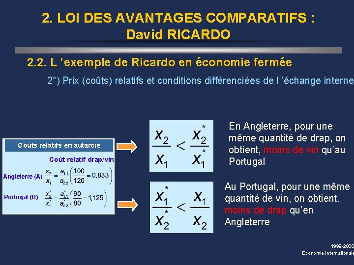 2. LOI DES AVANTAGES COMPARATIFS : David RICARDO 2. 2. L ’exemple de Ricardo