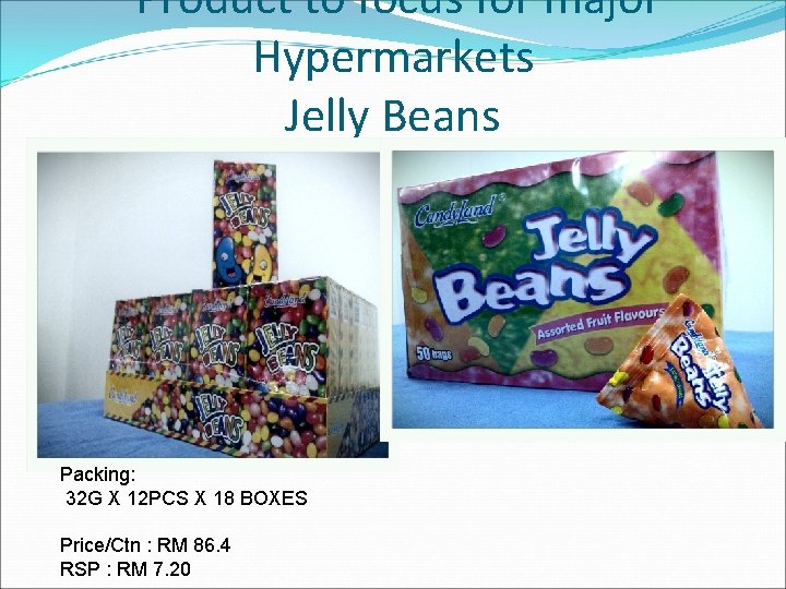 Product to focus for major Hypermarkets Jelly Beans Packing: 32 G X 12 PCS Product to focus for major Hypermarkets Jelly Beans Packing: 32 G X 12 PCS