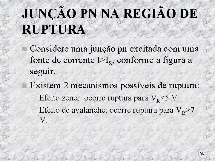 JUNÇÃO PN NA REGIÃO DE RUPTURA Considere uma junção pn excitada com uma fonte JUNÇÃO PN NA REGIÃO DE RUPTURA Considere uma junção pn excitada com uma fonte