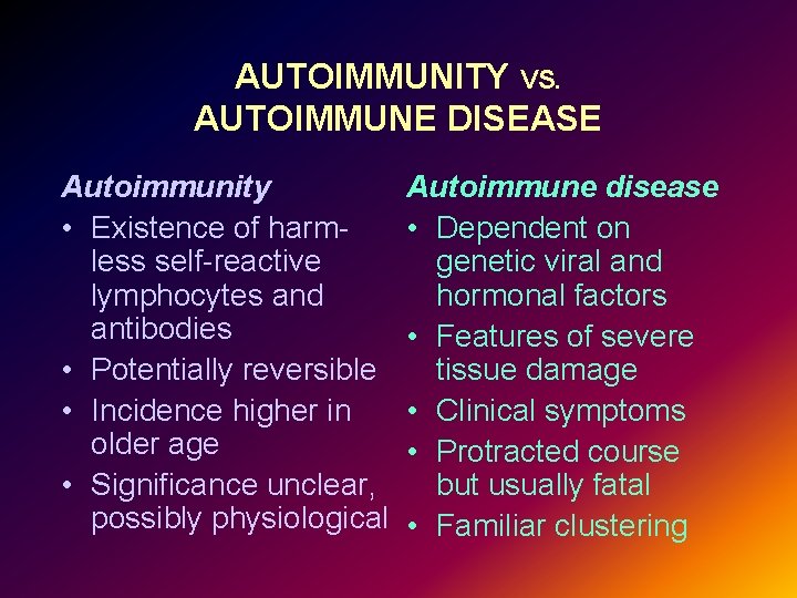 AUTOIMMUNITY VS. AUTOIMMUNE DISEASE Autoimmunity • Existence of harmless self-reactive lymphocytes and antibodies •