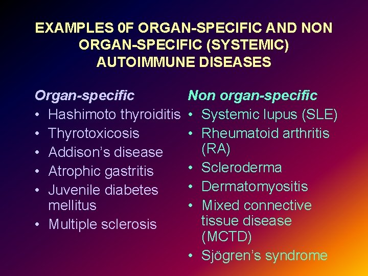 EXAMPLES 0 F ORGAN-SPECIFIC AND NON ORGAN-SPECIFIC (SYSTEMIC) AUTOIMMUNE DISEASES Organ-specific • Hashimoto thyroiditis