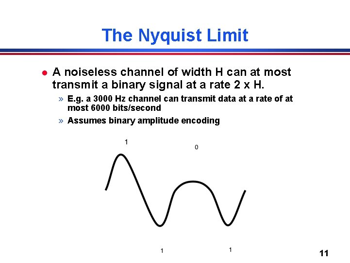 The Nyquist Limit l A noiseless channel of width H can at most transmit