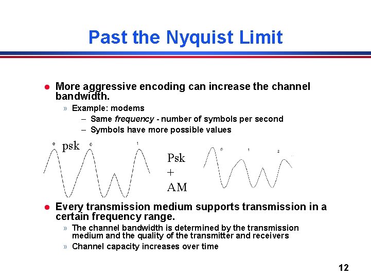 Past the Nyquist Limit l More aggressive encoding can increase the channel bandwidth. »