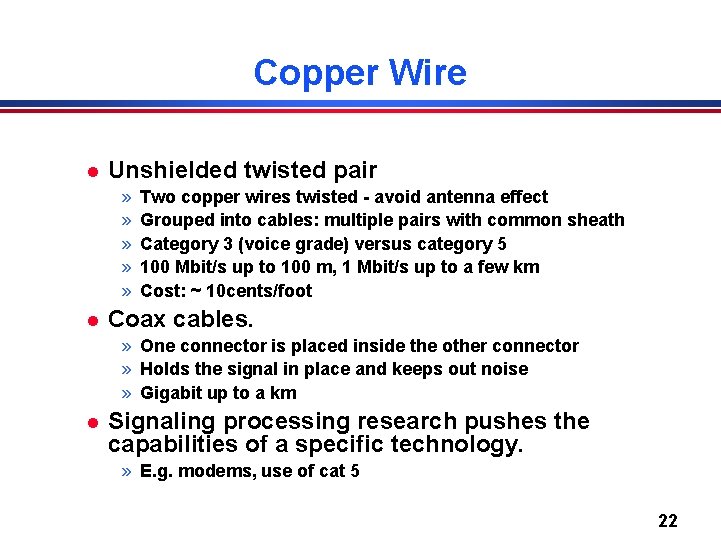 Copper Wire l Unshielded twisted pair » » » l Two copper wires twisted