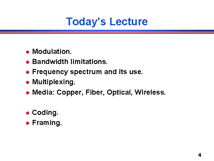Today’s Lecture l l l l Modulation. Bandwidth limitations. Frequency spectrum and its use.