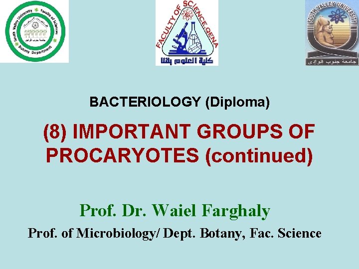 BACTERIOLOGY (Diploma) (8) IMPORTANT GROUPS OF PROCARYOTES (continued) Prof. Dr. Waiel Farghaly Prof. of