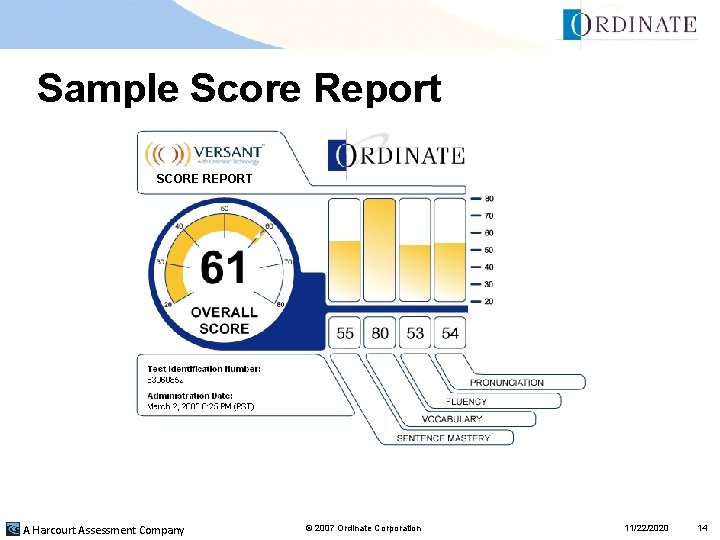Sample Score Report SCORE REPORT A Harcourt Assessment Company © 2007 Ordinate Corporation 11/22/2020 Sample Score Report SCORE REPORT A Harcourt Assessment Company © 2007 Ordinate Corporation 11/22/2020