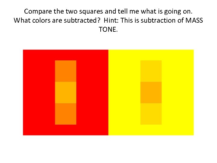 Compare the two squares and tell me what is going on. What colors are