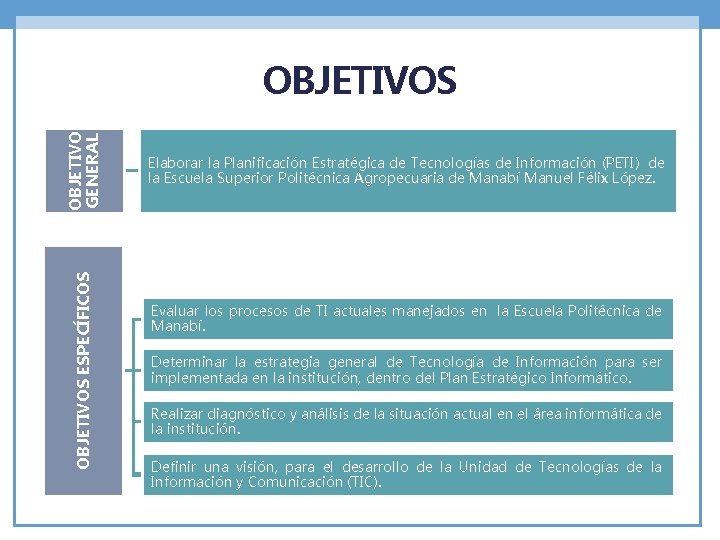 OBJETIVOS ESPECÍFICOS OBJETIVO GENERAL OBJETIVOS Elaborar la Planificación Estratégica de Tecnologías de Información (PETI)