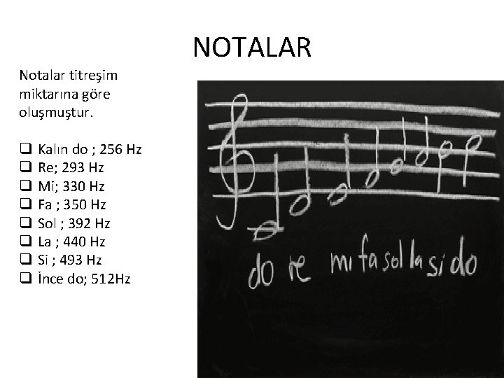NOTALAR Notalar titreşim miktarına göre oluşmuştur. q q q q Kalın do ; 256 NOTALAR Notalar titreşim miktarına göre oluşmuştur. q q q q Kalın do ; 256